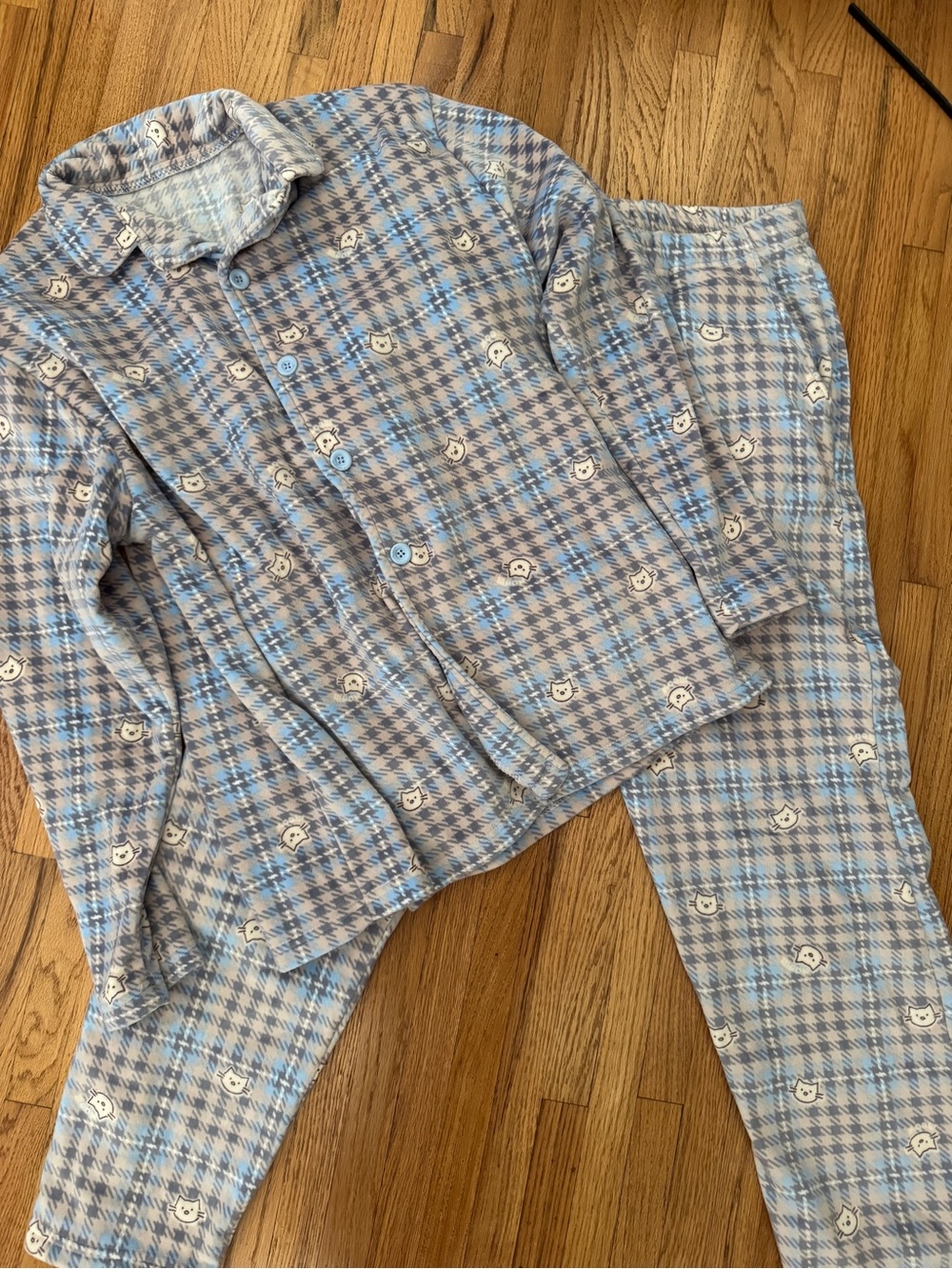 Cozy Blue Plaid Cotton Pajama Set with Cat Face Print by Fox club